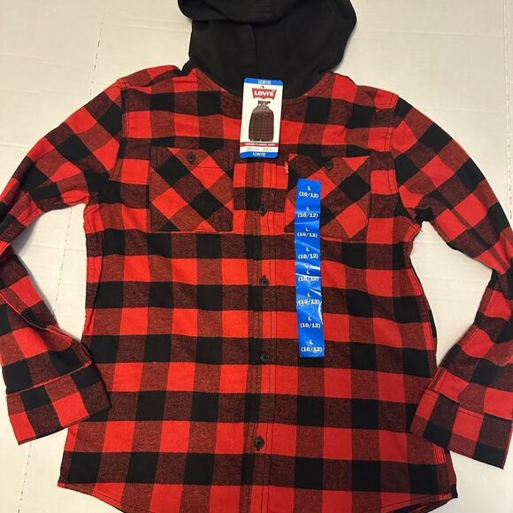 NWT Levi's Boys Hooded Flannel Shirt Size Large 10-12 Black/Red - Picture 1 of 7